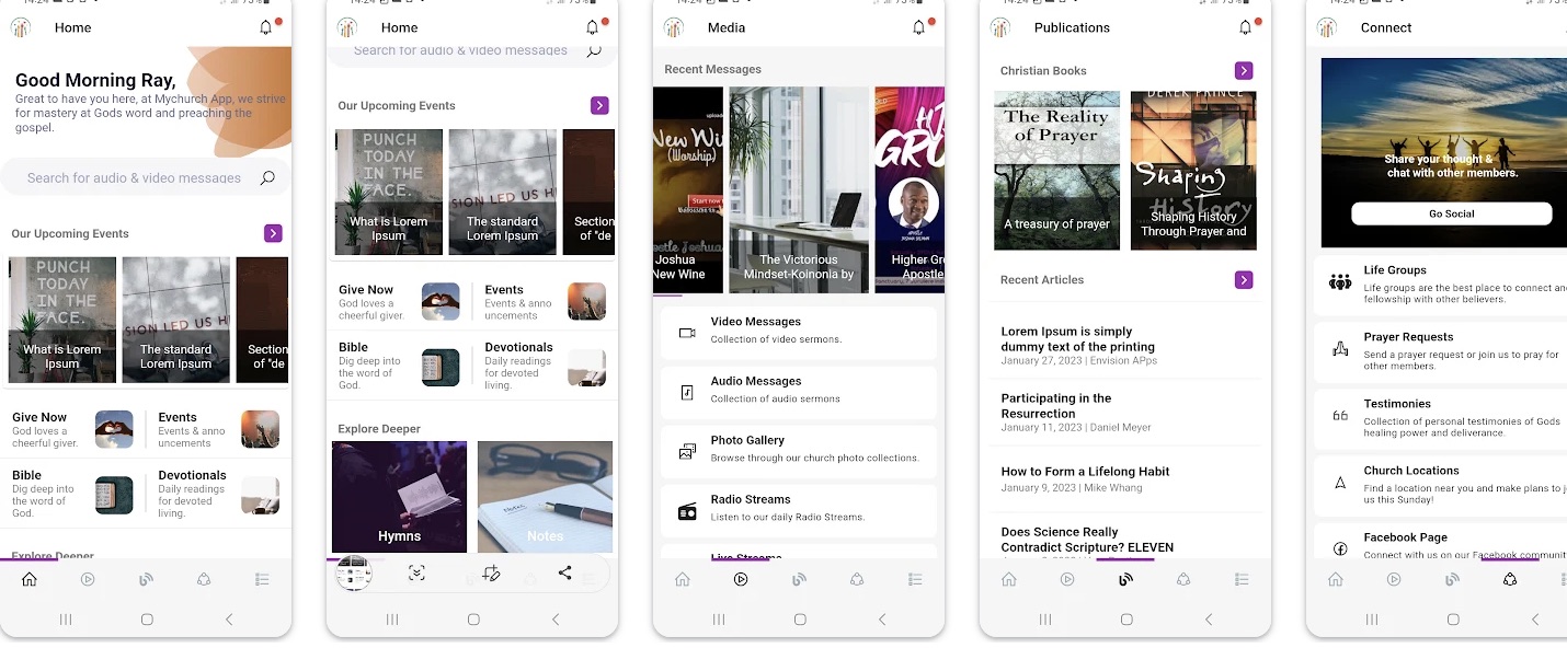 MyChurchApp PRO screens showing home, media and publications