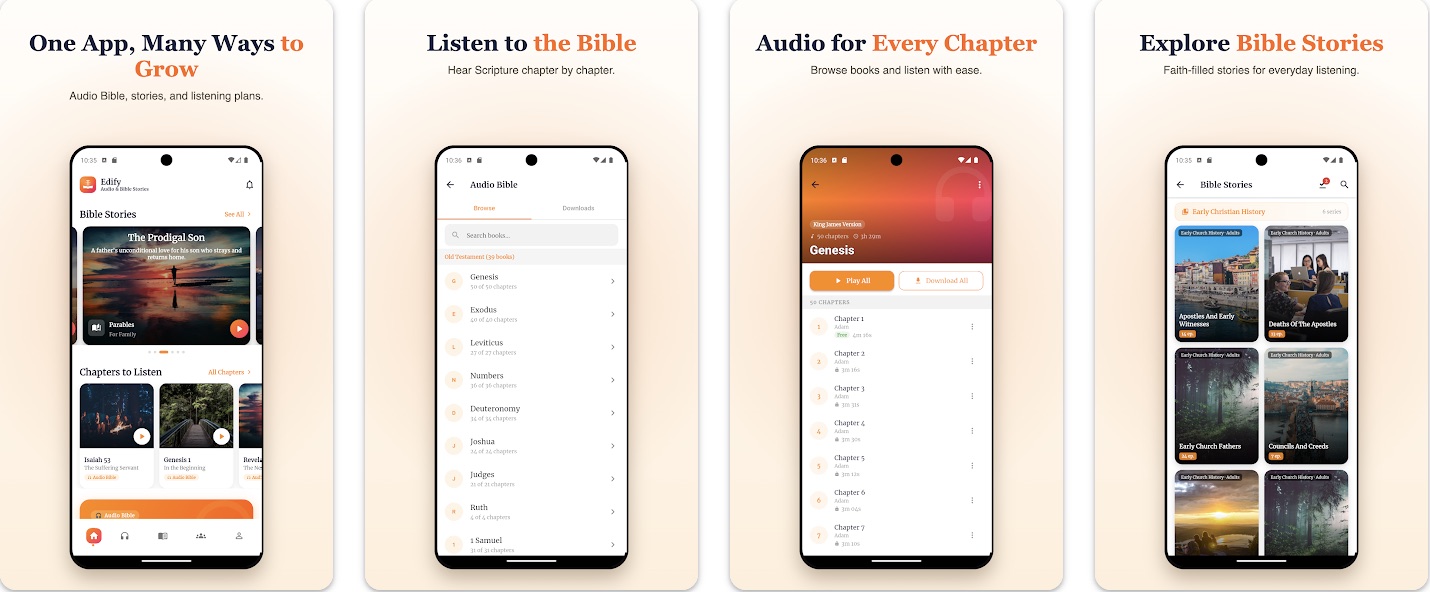 Edify Audio Bible app screens showing Bible stories and chapter audio