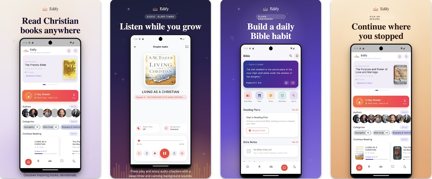 Edify app screens showing books, audio and daily Bible habit