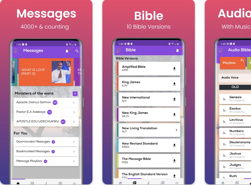 Koinonia app screens: messages, Bible, audio Bible and books